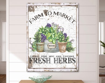 Farm to Market Fresh Herbs Canvas Sign: Vintage Kitchen Wall Art