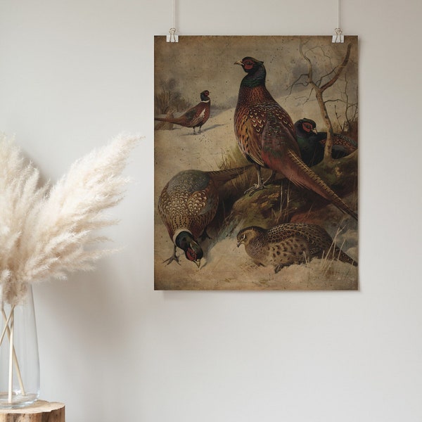 Fasan Leinwand flach, Vintage Dekor, Vintage Herbst Dekor, gerollter Leinwanddruck, Vintage Wildtiere, Hüttendekor, Fasan Kunst, Fasan Dekor