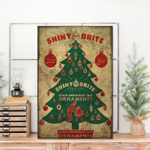 Christmas Decor Vintage, Shiny Brite Ornaments Christmas Tree Box Sign, Holiday Decor, Vintage Decorations, Large Canvas Wall Art