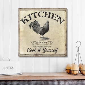 Vintage Kitchen Sign, Modern Farmhouse Wall Decor, Rooster Decor, Canvas Wall Art, Antique Wall Art, Kitchen Decor, Vintage Style Sign