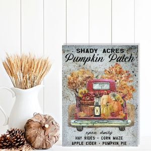 Puede incluir: Un camión rojo vintage con una cama de madera llena de calabazas, pacas de heno y una linterna. El camión está estacionado frente a un letrero que dice "Shady Acres Pumpkin Patch" con el texto "abierto todos los días, paseos en heno, laberinto de maíz, sidra de manzana, pastel de calabaza".