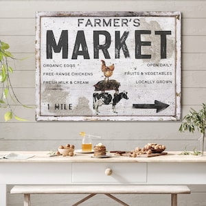 Placa de lona para mercado de agricultores, placa de fazenda, decoração moderna de fazenda, arte de parede em tela grande, placas vintage, arte de parede grande, arte desgastada