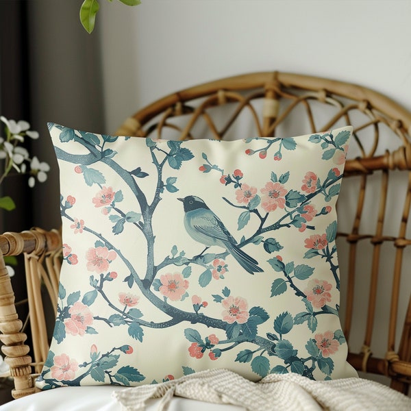 Chinoiserie Birds Pillow Cover, Vintage Birds on Floral Branches Decor, Spring Pillow Covers, Grandmillenial Decor, Chinoiserie Chic