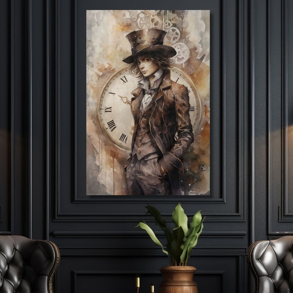 Verrückter Hutmacher Kunstdruck, Steampunk Leinwanddruck, Alice im Wunderland inspiriert, Dark Academia, Steampunk-Dekor,