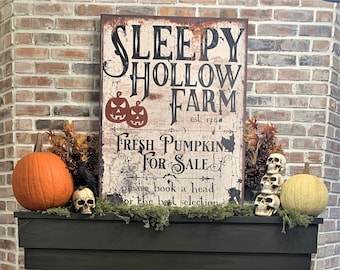 Sleepy Hollow Farm, Halloween Decor, Vintage Halloween Sign, Large Canvas Signs, Vintage Fall Signs, Antique Signs, Oversized Wall Art