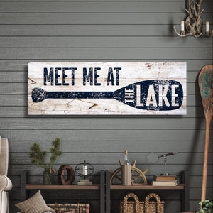 Meet Me At The Lake Canvas Sign, Lake House Decor, Lake House Wall Art, Vintage Signs, Weathered And Distressed Canvas, Housewarming Gifts