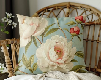 housse de coussin pivoines vintage, illustration botanique, décor de pivoines vintage, taies d'oreiller cottage, décoration printanière romantique, taie d'oreiller floral