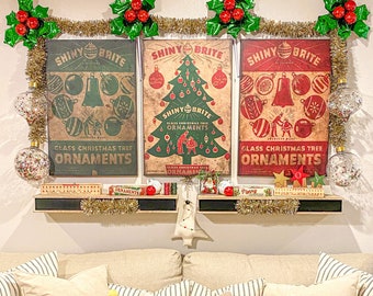 Shiny Brite Ornaments Sign, Vintage Holiday Sign, Christmas Decor, Retro Christmas Decor, Christmas Wall Art, Large Canvas Sign