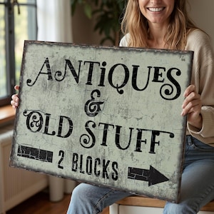 Antiquitäten und alte Sachen Zeichen, antikes Segeltuch Zeichen, Vintage Dekor Vintage Zeichen, große Leinwand Wandkunst, Vintage Bauernhaus, Salbei grün Decor