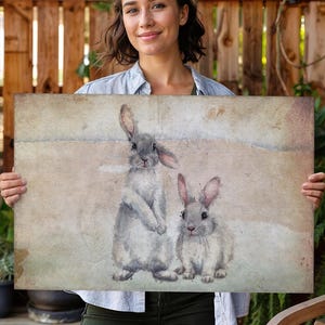 Vintage Painting Of White Bunnies, Large Canvas Wall Art,  Vintage Rabbit Decor, Vintage Easter Art, Vintage Reproductions
