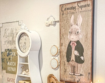 Carnaby Square Fine Clothing, Vintage Farmhouse Sign, Vintage Rabbit Decor, Vintage Inspired Art, Rustic Canvas Sign, Rabbit Wall Art