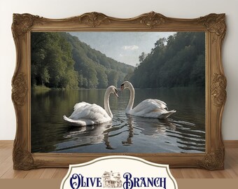 Printable Swan Art, Vintage Printable Art, Swan Art Digital Download, Vintage Landscape Painting, Farmhouse Swan Decor, Two Swans in Love