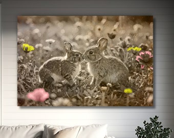 Kissing Bunnies Canvas Art: Vintage Sepia Farmhouse Decor