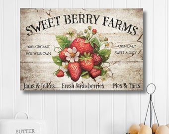 Personalized Strawberries Sign, Summer Decor, Faux Wood Sign, Vintage Farmhouse Wall Art, Large Canvas Sign, Sweet Berry Farms, Garden Gifts