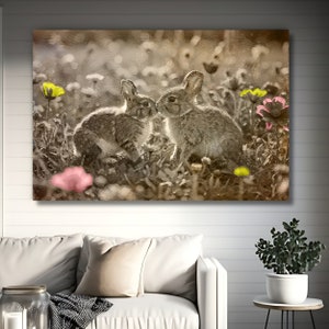 sepia toned canvas wall art featuring two bunnies kissing