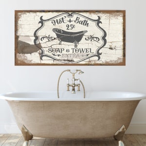 Vintage Hot Bath Canvas Sign, Farmhouse Decor, Vintage Sign, Farmhouse Signs, Signs With Sayings, Bathroom Decor