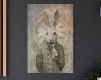 Vintage weißes Kaninchen Druck, März Hase, verrückter Hutmacher, Hase Leinwand Kunst, Hase Kleidung, Steampunk Kaninchen, große Leinwanddrucke