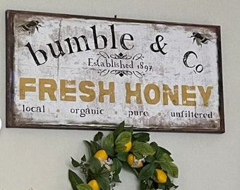 Bumble & Co Fresh Honey Sign, Modern Farmhouse Decor, Large Canvas Wall Art, Antiques Sign, Spring Decor, Old Time Signs, Rustic Decor