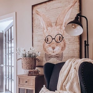 Rabbit With Glasses, Spring Sign, Vintage Easter Decor, Spring Wall Art, Vintage Signs, Rabbit Decor, Oversized Wall Art