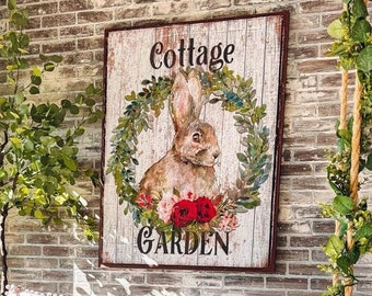 Cottage Garden, Spring Sign, Vintage Cottage Decor, Spring Wall Art, Vintage Signs, Rabbit Decor, Oversized  Canvas Wall Art