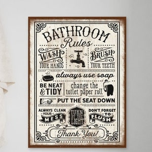 Bathroom Rules Canvas Sign, Vintage Bath Decor, Antique Sign, Vintage Signs, Funny Bathroom Signs, Farmhouse Bathroom Decor