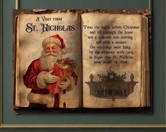 Vintage Christmas Decor, A Visit From St Nicholas, Large Canvas Wall Art, Twas The Night Before Christmas, Holiday Signs, Storybook Art