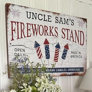 Uncle Sam&#39;s Fireworks Stand, Fourth Of July Sign, Patriotic Decor, Vintage Reproduction,  Farmhouse Wall Art, Large Canvas Sign