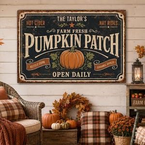 Panneau d'automne « Champ de citrouilles » | Décoration murale personnalisée sur toile rustique vintage | Entrée style ferme moderne | Grand format automnal