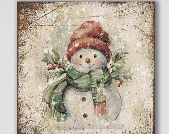 Vintage Snowman Canvas Wall Art: Farmhouse Winter Decor