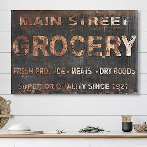 Vintage Sign, Main Street Grocery Canvas Sign, Primitive Decor, Rustic Wall Art, Vintage Grocery Sign, Antique Style Sign, Farmhouse Decor