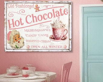 Hot Chocolate Bar Sign, Canvas Wall Art, Pastel Christmas Decor, Pink Christmas Sign, Holiday Decor, Retro Holiday Signs, Hot Cocoa Decor