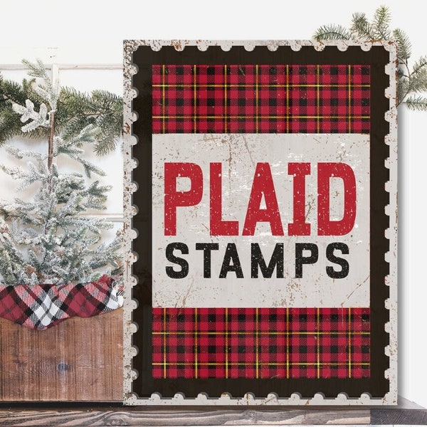 Nostalgic Christmas Decor, Plaid Stamps Sign, Vintage Christmas Decor, Large Canvas Wall Art, Faux Metal Sign, Christmas Canvas