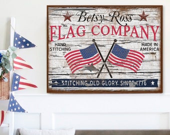 Betsy Ross Flag Company, enseigne du 4 juillet, décoration vintage, grande toile d'art murale, enseignes vintage, décoration 1776, décoration Americana