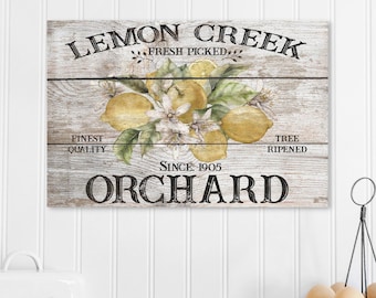 Lemon Sign, Lemon Creek Orchard, Farmhouse Summer Decor, Vintage Inspired Sign, Lemon Art, Lemon Print, Summer Wall Art, Canvas Signs
