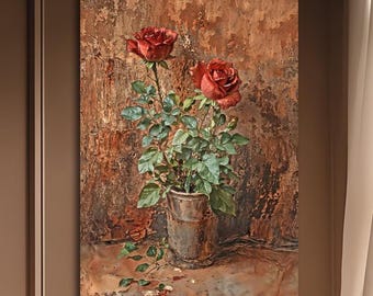 Rustic Red Roses Canvas Print: Vintage Floral Still Life