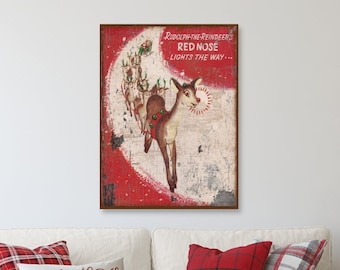 Vintage Rudolph Canvas Sign: Holiday Christmas Wall Art