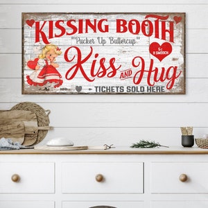 Kissing Booth Sign, Valentines Day Decor, Large Canvas Wall Art, Vintage Decor, Vintage Signs, Vintage Valentines Sign, Pucker Up image 1