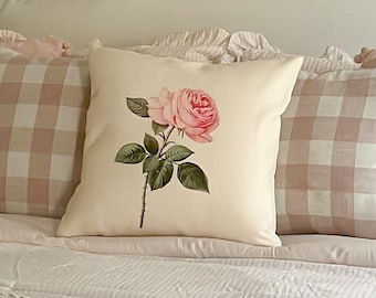 Vintage Pink Rose Pillow Cover: Botanical Cottagecore Decor