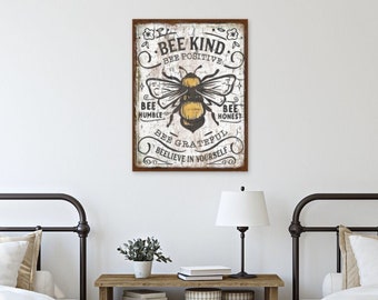 Bee Kind, Spring Sign, Vintage Cottage Decor, Spring Wall Art, Vintage Signs, Honeybee Decor, Oversized Canvas Wall Art, Positive Wall Art