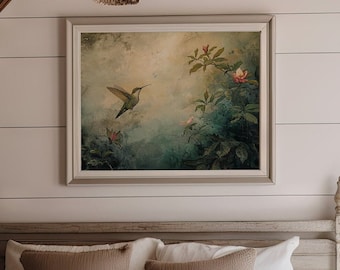Vintage Hummingbird Print, Vintage PRINTABLE Art, Digital Download, Vintage Bird Painting, Spring Farmhouse Decor, Cottagecore Dark Academia