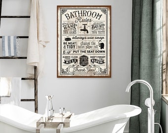 Bathroom Rules, Vintage Bath Decor, Large Canvas Wall Art, Vintage Signs, Funny Bathroom Signs, Farmhouse Bathroom Decor