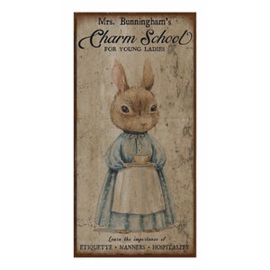 Vintage Charm School Sign, Vintage Farmhouse Sign, Vintage Rabbit Decor, Vintage Inspired Art, Rustic Canvas Sign, Rabbit Wall Art image 3