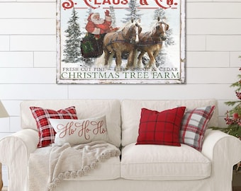 Vintage Christmas Tree Farm Canvas Art: Santa's Sleigh Holiday Decor