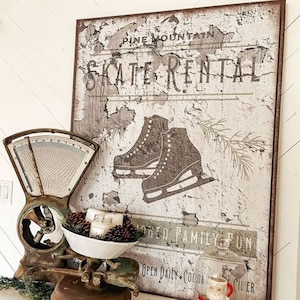 Skate Rental Sign, Farmhouse Holiday Sign, Vintage Winter Decor, Large Canvas Signs, Vintage Signs, Unique Holiday Decor, Chippy Decorations