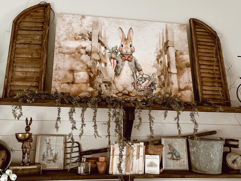 Spring Decor, Peter Rabbit In Mr. Mcgregors Garden, Spring Wall Art, Large Canvas Signs, Vintage Spring Art, Literary Art, Beatrix Potter image 1