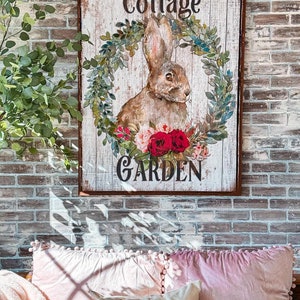 Cottage Garden, Spring Sign, Vintage Cottage Decor, Spring Wall Art, Vintage Signs, Rabbit Decor, Oversized Canvas Wall Art image 9
