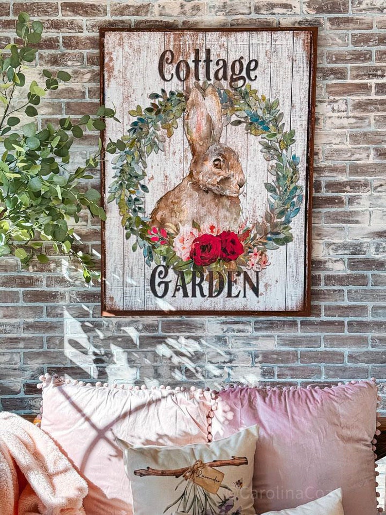 Cottage Garden, Spring Sign, Vintage Cottage Decor, Spring Wall Art, Vintage Signs, Rabbit Decor, Oversized Canvas Wall Art image 9