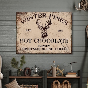 Personalized Hot Cocoa Bar Canvas Sign: Winter Pines, Rustic Christmas Decor image 1