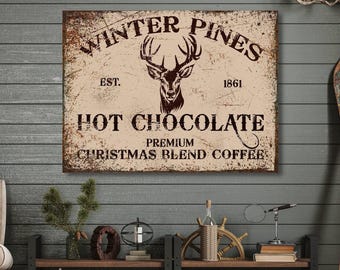 Personalized Hot Cocoa Bar Canvas Sign: Winter Pines, Rustic Christmas Decor