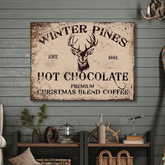 Personalized Hot Cocoa Bar Canvas Sign: Winter Pines, Rustic Christmas Decor